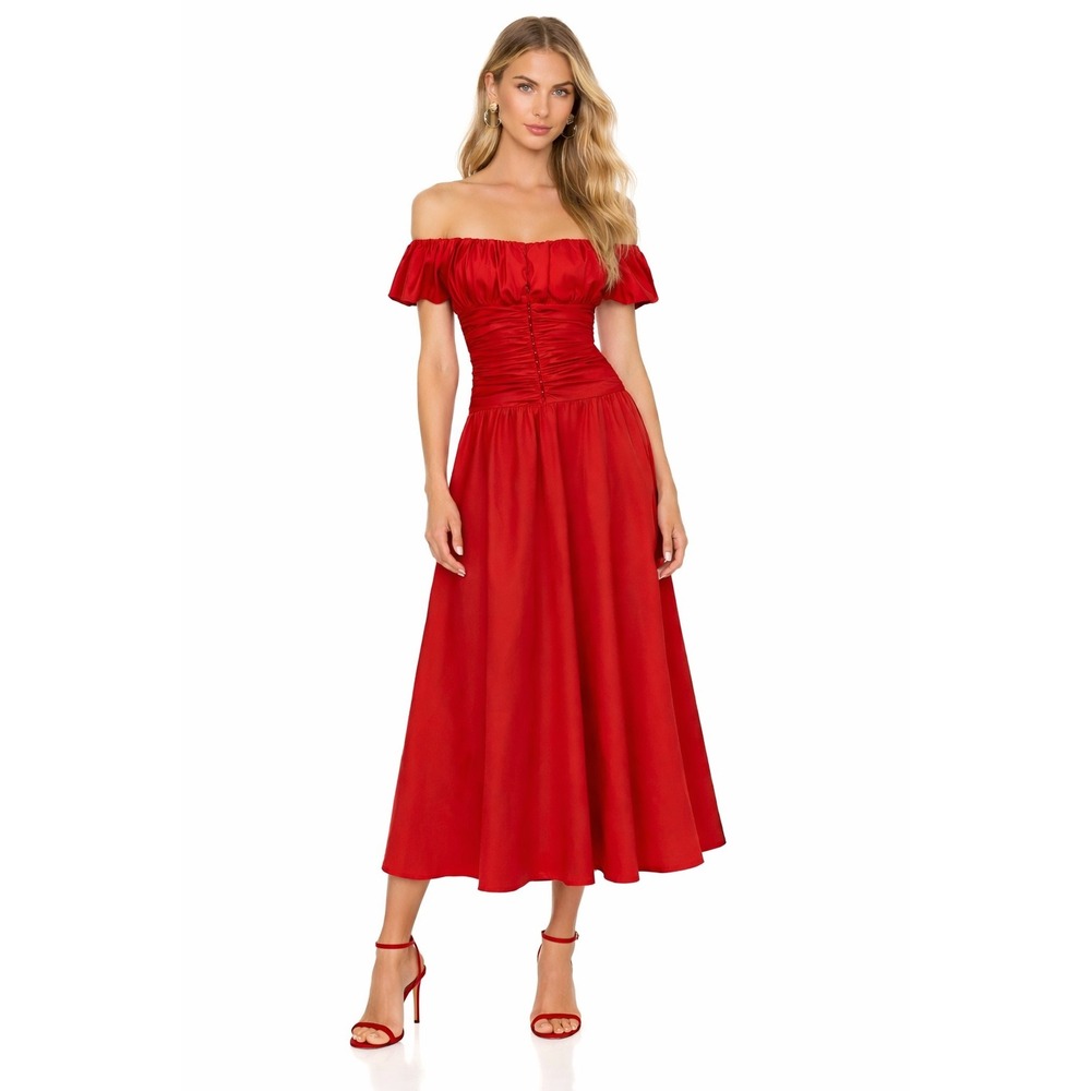 New!‎ Nocturne Drape Off the Shoulder Midi Dress in Red Sz Large $299